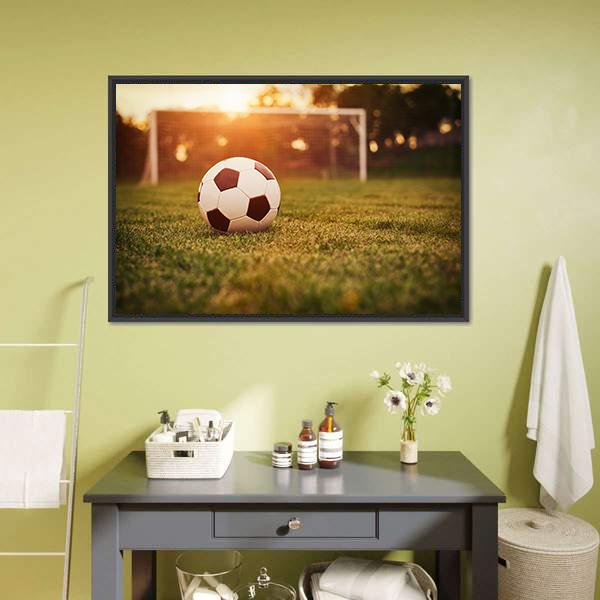 Soccer at Sunset Canvas Wall Art in orange, yellow and green, 5 panel Pop layout hung on a wall