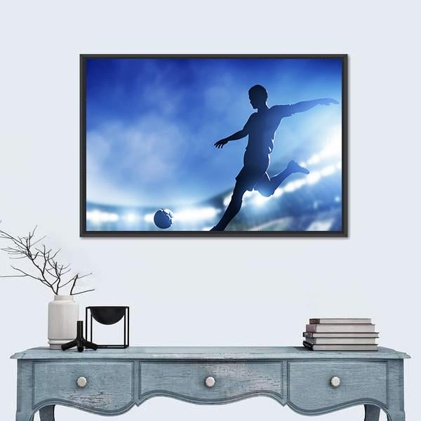 Soccer Match A Player Shooting On Goal Lights On The Stadium At Night Canvas Wall Art-1 Piece-Floating Frame-24&quot; x 16&quot;-Tiaracle