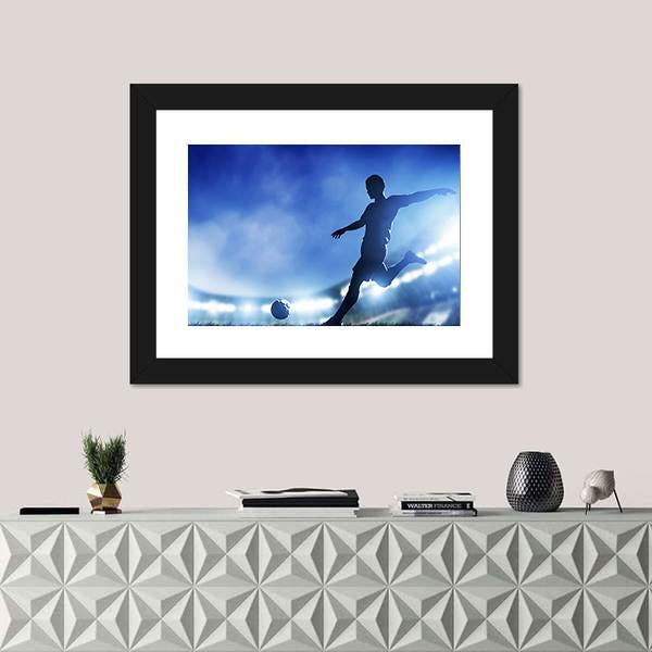 Soccer Match A Player Shooting On Goal Lights On The Stadium At Night Canvas Wall Art-1 Piece-Framed Print-20&quot; x 16&quot;-Tiaracle
