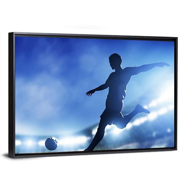 Soccer Match A Player Shooting On Goal Lights On The Stadium At Night Canvas Wall Art-3 Horizontal-Gallery Wrap-25&quot; x 16&quot;-Tiaracle