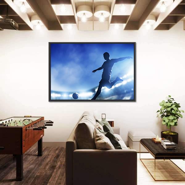 Soccer Match A Player Shooting On Goal Lights On The Stadium At Night Canvas Wall Art-3 Horizontal-Gallery Wrap-25&quot; x 16&quot;-Tiaracle