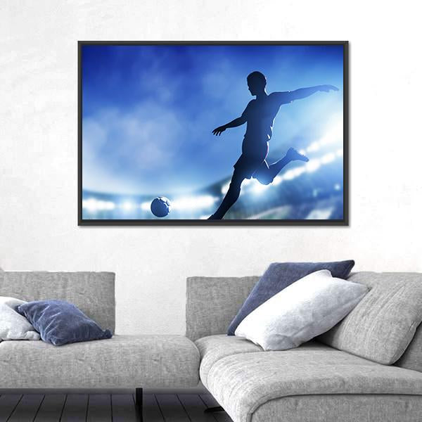 Soccer Match A Player Shooting On Goal Lights On The Stadium At Night Canvas Wall Art-3 Horizontal-Gallery Wrap-25" x 16"-Tiaracle