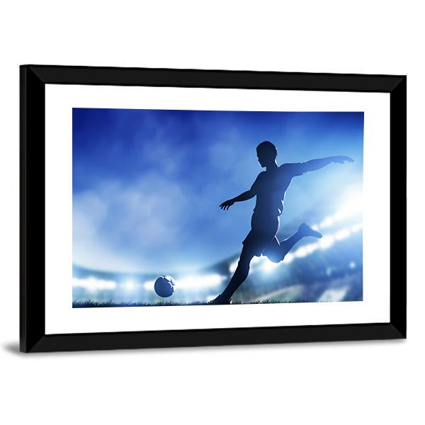 Soccer Match A Player Shooting On Goal Lights On The Stadium At Night Canvas Wall Art-3 Horizontal-Gallery Wrap-25&quot; x 16&quot;-Tiaracle