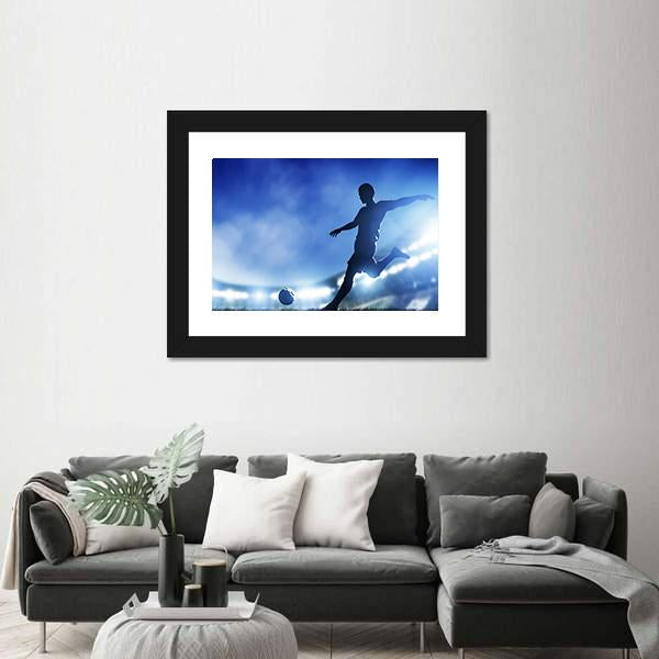 Soccer Match A Player Shooting On Goal Lights On The Stadium At Night Canvas Wall Art-3 Horizontal-Gallery Wrap-25&quot; x 16&quot;-Tiaracle