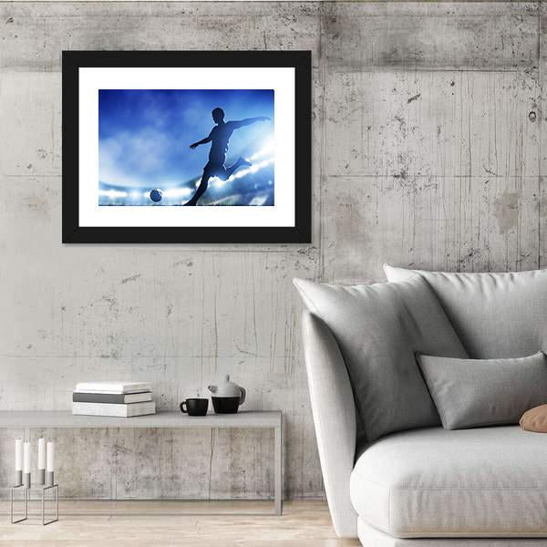 Soccer Match A Player Shooting On Goal Lights On The Stadium At Night Canvas Wall Art-3 Horizontal-Gallery Wrap-25&quot; x 16&quot;-Tiaracle