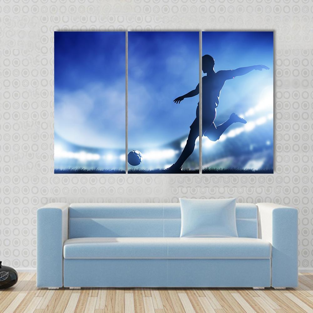 Soccer Match A Player Shooting On Goal Lights On The Stadium At Night Canvas Wall Art-3 Horizontal-Gallery Wrap-37" x 24"-Tiaracle