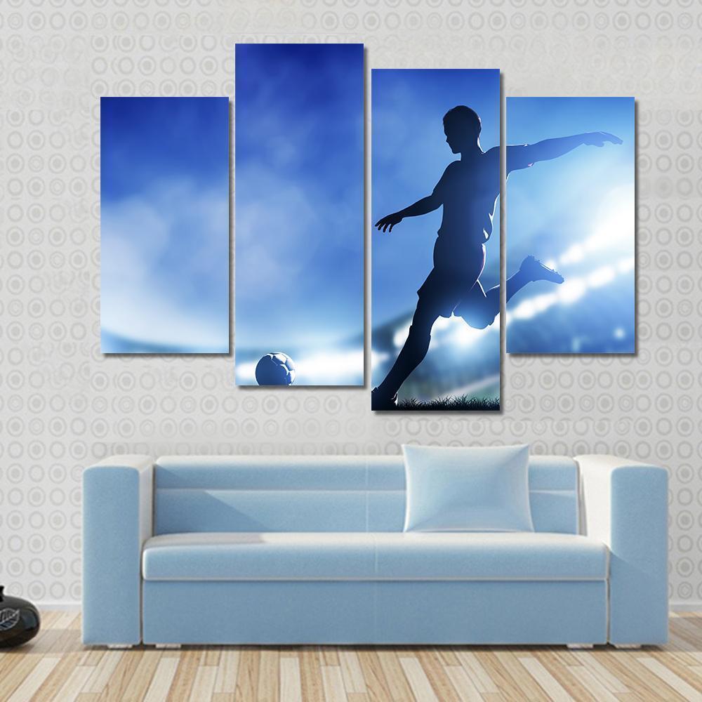 Soccer Match A Player Shooting On Goal Lights On The Stadium At Night Canvas Wall Art-3 Horizontal-Gallery Wrap-37" x 24"-Tiaracle