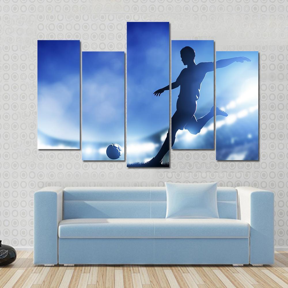 Soccer Match A Player Shooting On Goal Lights On The Stadium At Night Canvas Wall Art-5 Pop-Gallery Wrap-47&quot; x 32&quot;-Tiaracle