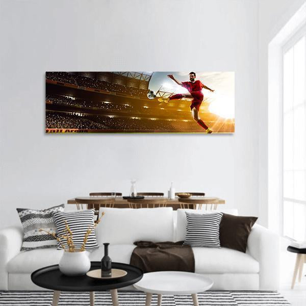 Soccer Player In Stadium Panoramic Canvas Wall Art-1 Piece-36&quot; x 12&quot;-Tiaracle