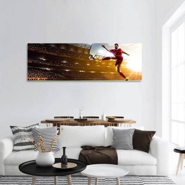 Soccer Player In Stadium Panoramic Canvas Wall Art-3 Piece-25" x 08"-Tiaracle