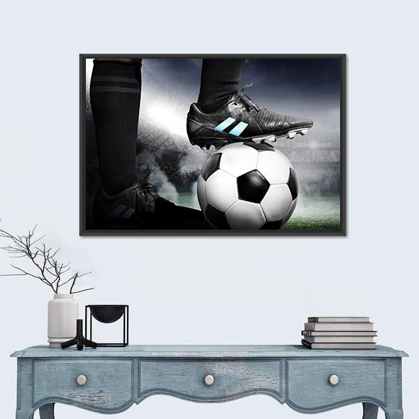 Soccer Player with Soccer Ball Canvas Wall Art in black, white and gray, 4 panel Pop layout hung on a wall