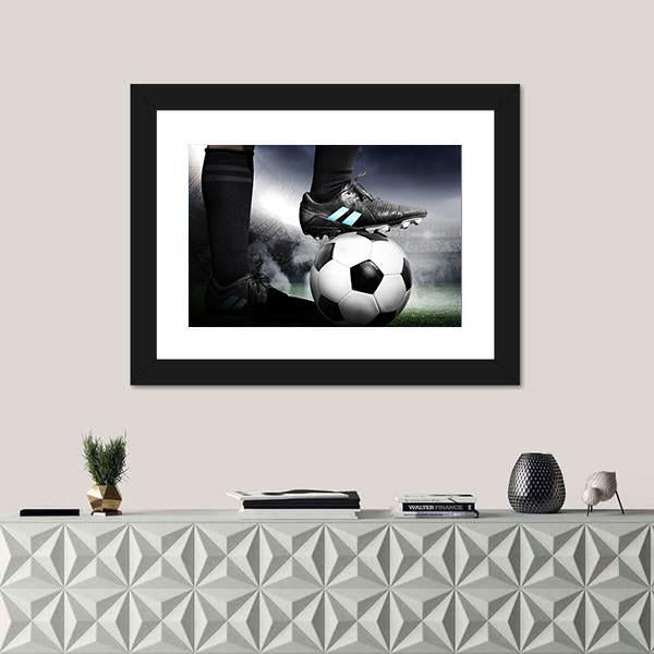 Soccer Player with Soccer Ball Canvas Wall Art in black, white and gray, framed print, product view on a white background