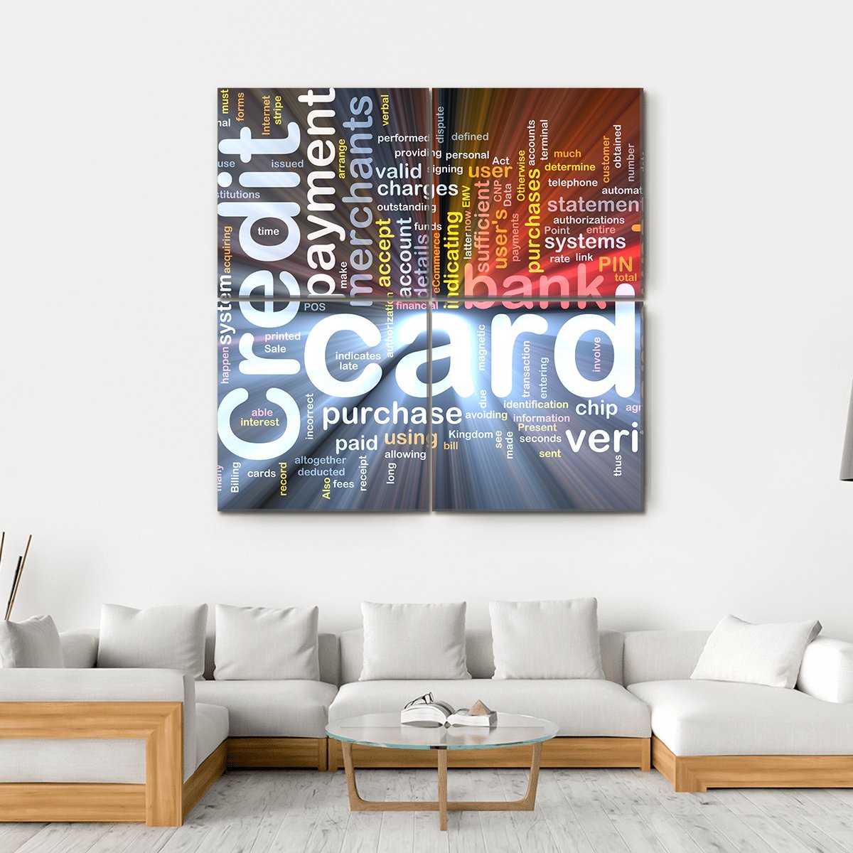 Credit Card Word Cloud Canvas Wall Art in white, gray and multicolor, hung on a wall
