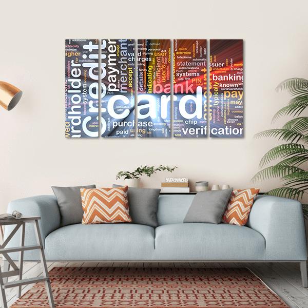 Credit Card Word Cloud Canvas Wall Art in white, gray and multicolor, hung on a wall