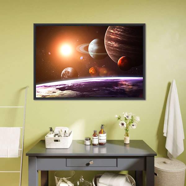 Solar System Canvas Wall Art in black, orange and purple, framed canvas, product view on a white background