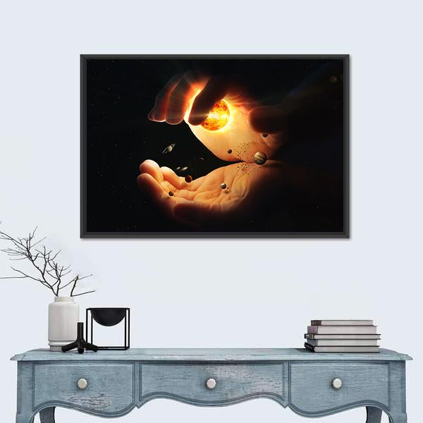 Solar System In Two Hands Art Canvas Wall Art-1 Piece-Floating Frame-24" x 16"-Tiaracle
