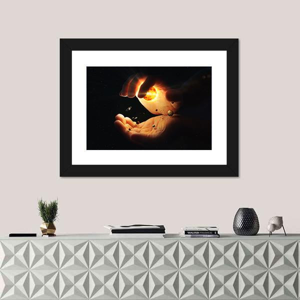 Solar System In Two Hands Art Canvas Wall Art-1 Piece-Framed Print-20" x 16"-Tiaracle