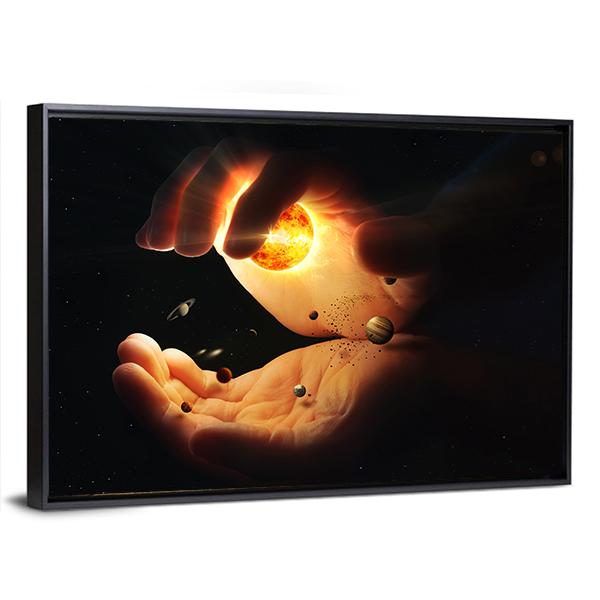 Solar System In Two Hands Art Canvas Wall Art-3 Horizontal-Gallery Wrap-25" x 16"-Tiaracle