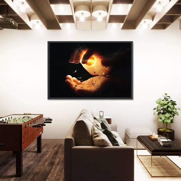 Solar System In Two Hands Art Canvas Wall Art-3 Horizontal-Gallery Wrap-25" x 16"-Tiaracle