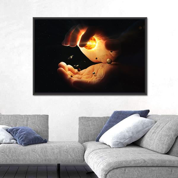 Solar System In Two Hands Art Canvas Wall Art-3 Horizontal-Gallery Wrap-25" x 16"-Tiaracle