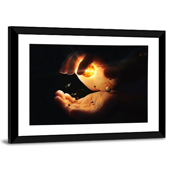 Solar System In Two Hands Art Canvas Wall Art-3 Horizontal-Gallery Wrap-25" x 16"-Tiaracle