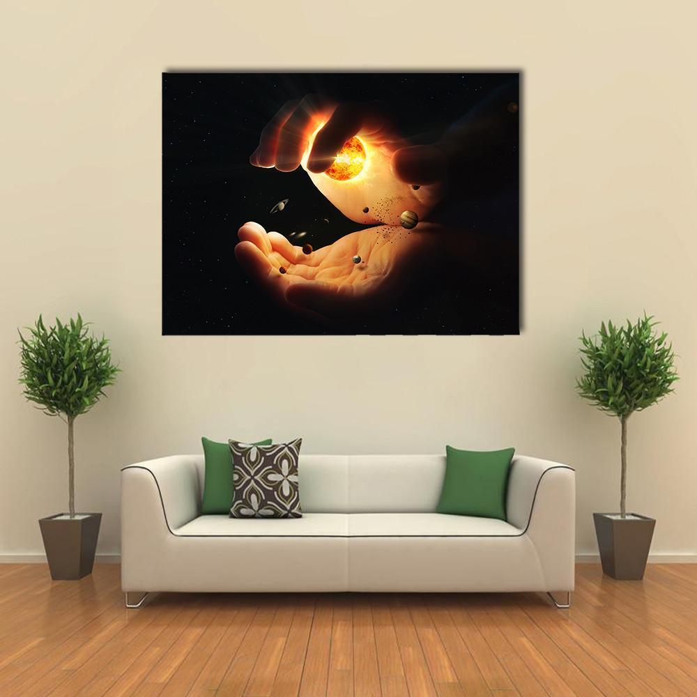 Solar System In Two Hands Art Canvas Wall Art-1 Piece-Gallery Wrap-48" x 32"-Tiaracle