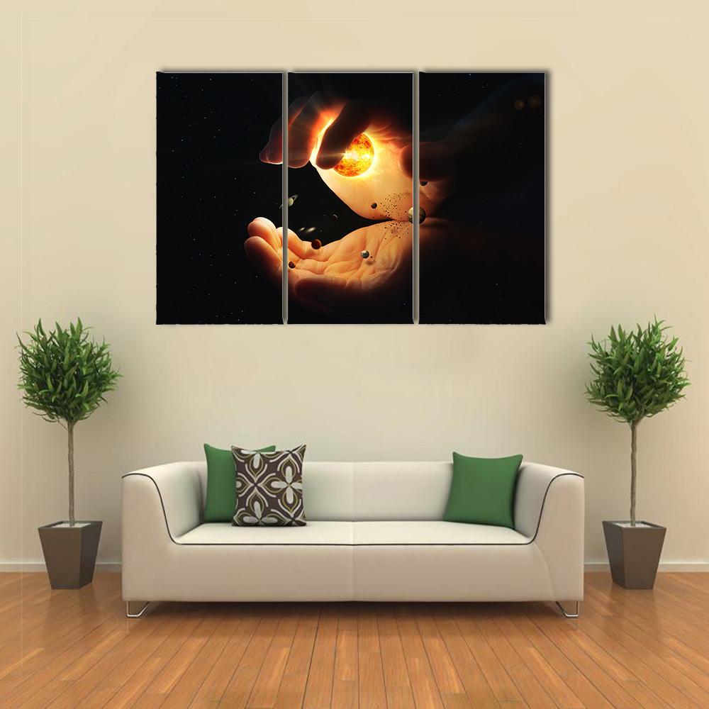 Solar System In Two Hands Art Canvas Wall Art-3 Horizontal-Gallery Wrap-37" x 24"-Tiaracle