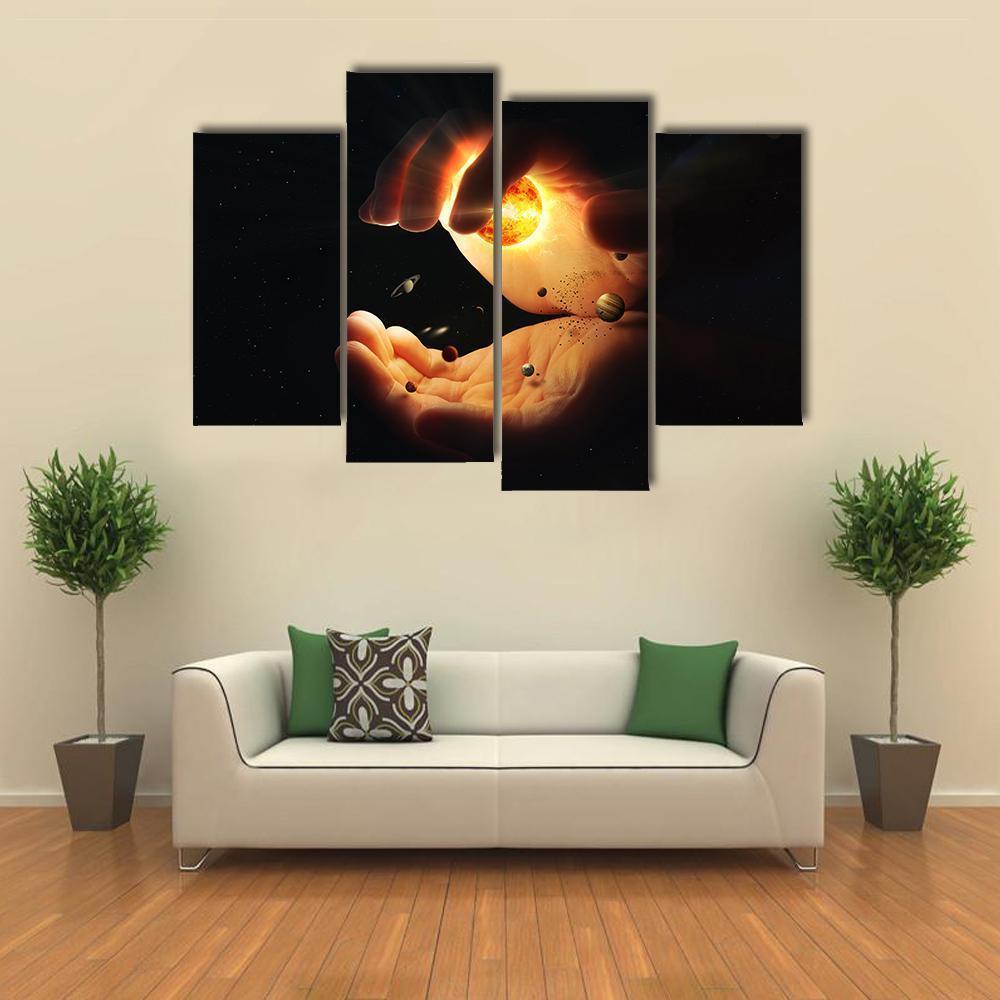 Solar System In Two Hands Art Canvas Wall Art-4 Pop-Gallery Wrap-50" x 32"-Tiaracle