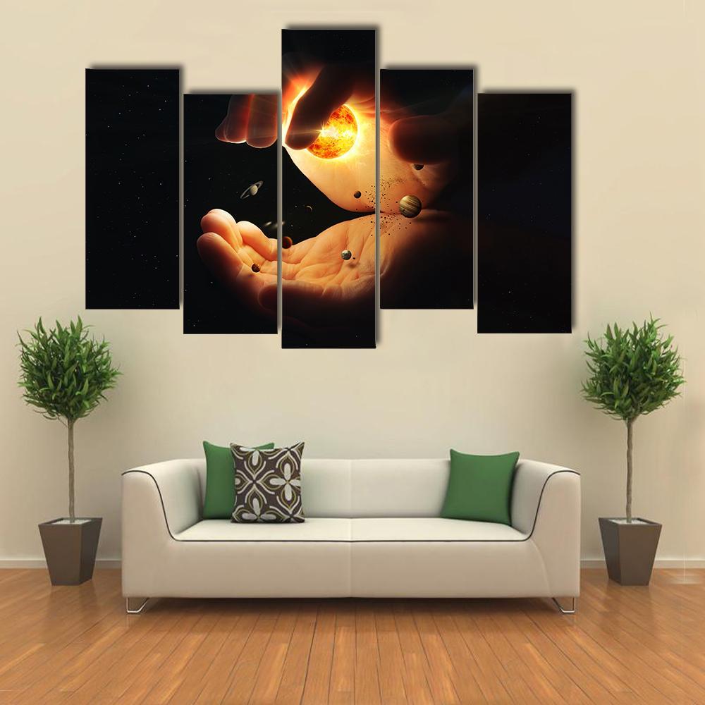 Solar System In Two Hands Art Canvas Wall Art-5 Pop-Gallery Wrap-47" x 32"-Tiaracle