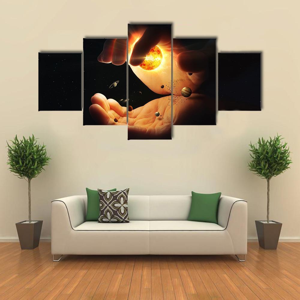 Solar System In Two Hands Art Canvas Wall Art-5 Star-Gallery Wrap-62" x 32"-Tiaracle