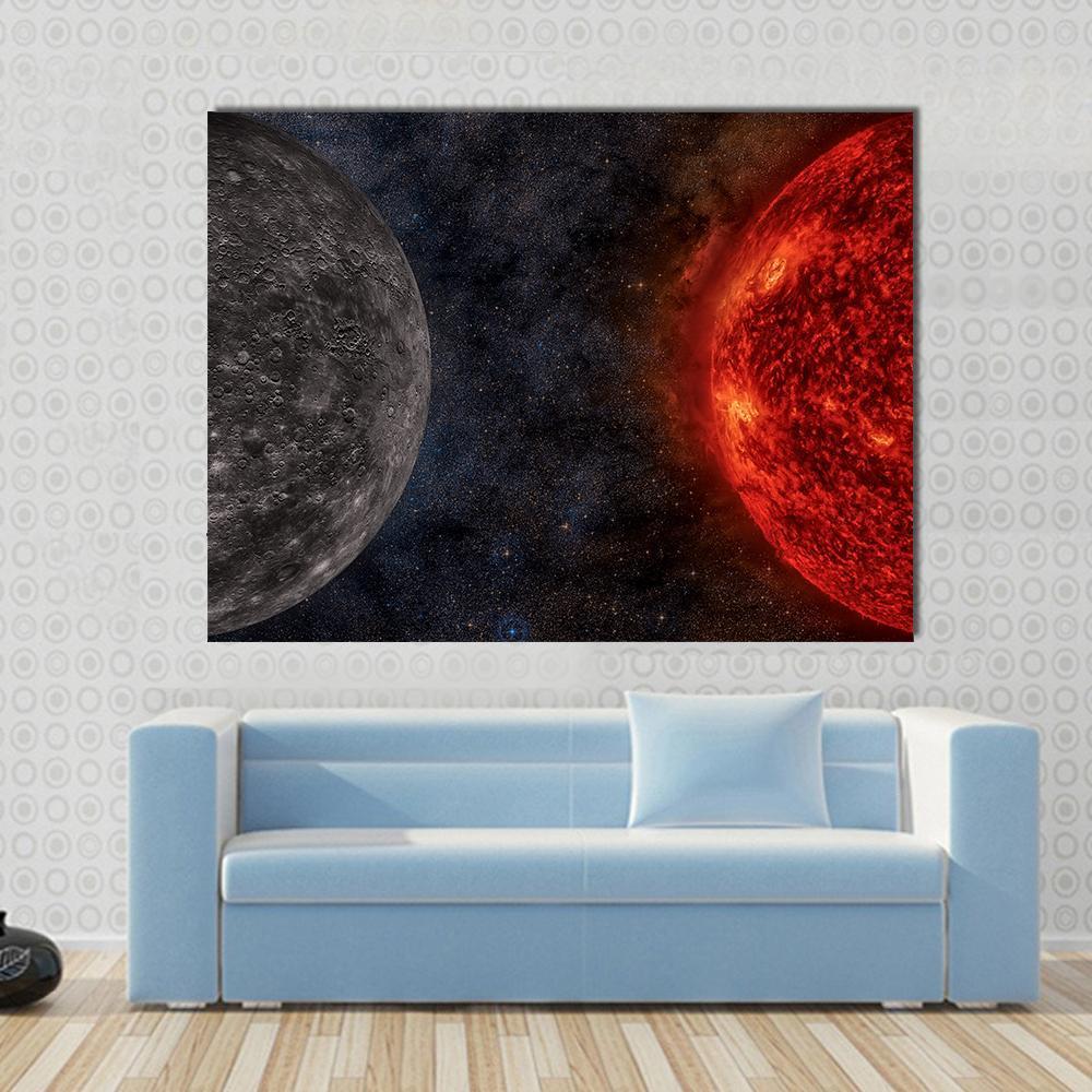 Mercury Beside Fiery Sun Canvas Wall Art in black, gray and red, single panel hung on a wall