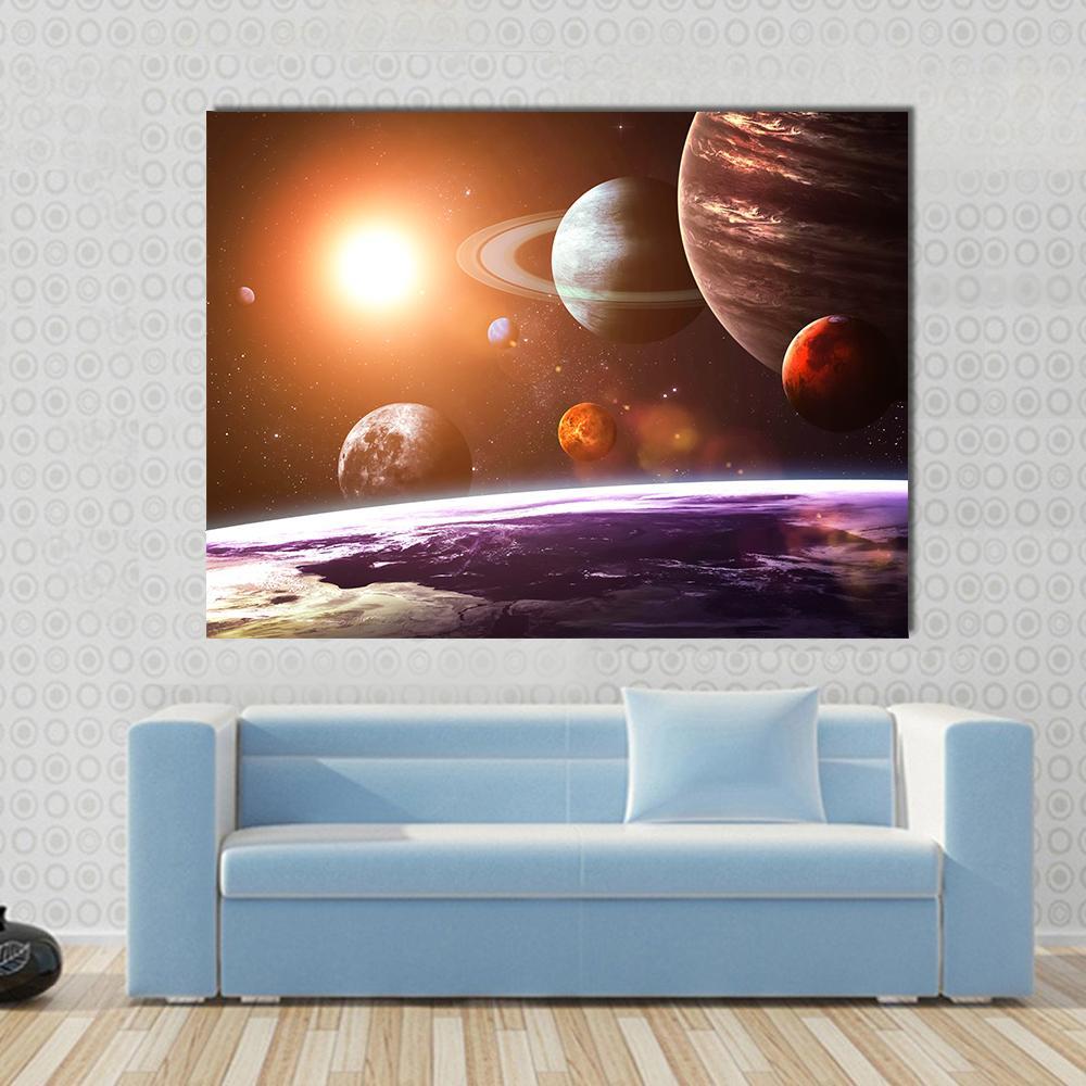 Solar System Canvas Wall Art in black, orange and purple, single panel hung on a wall