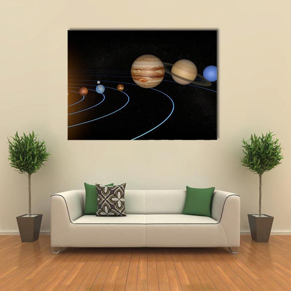 Stylized Solar System with Orbiting Planets Canvas Wall Art in black, brown and blue, single panel hung on a wall