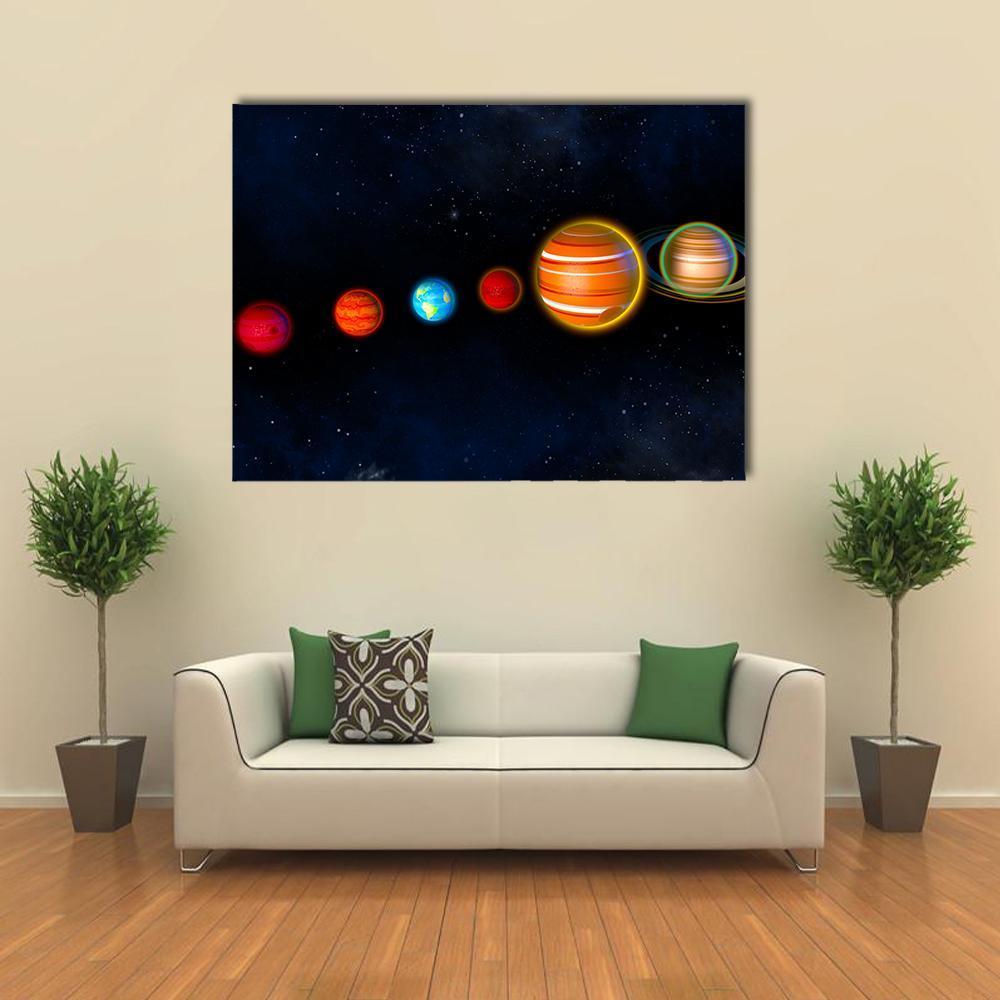 Stylized Solar System Planets Canvas Wall Art in black, orange and multicolor, single panel hung on a wall