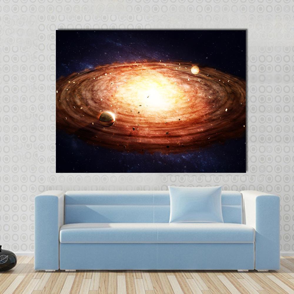 Solar System Protoplanetary Disk Canvas Wall Art in black, orange and yellow, single panel hung on a wall