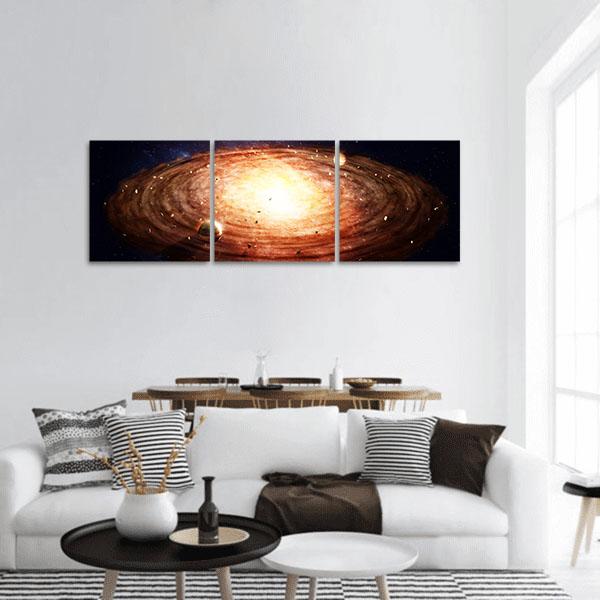 Solar System Protoplanetary Disk Panoramic Canvas Wall Art in black, brown and orange, hung on a wall