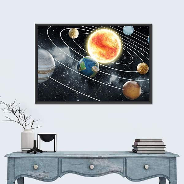 Solar System with Eight Planets Canvas Wall Art in black and multicolor, framed canvas, product view on a white background