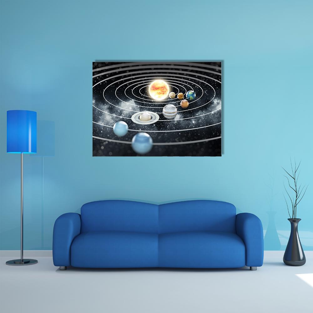 Eight-planet Solar System Canvas Wall Art in black, white and gray, single panel hung on a wall