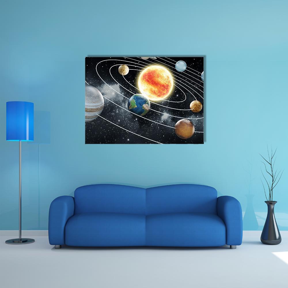 Solar System with Eight Planets Canvas Wall Art in black and multicolor, single panel hung on a wall