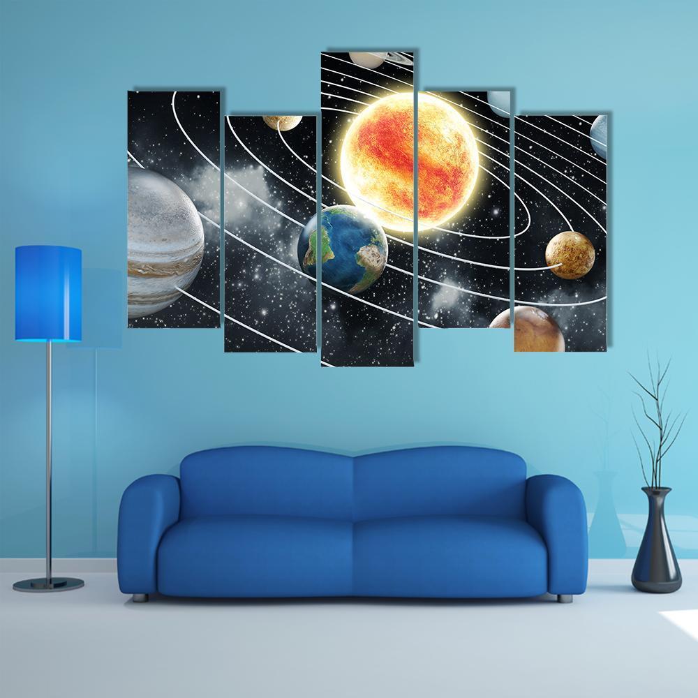 Solar System With Eight Planets Canvas Wall Art-5 Pop-Gallery Wrap-47" x 32"-Tiaracle