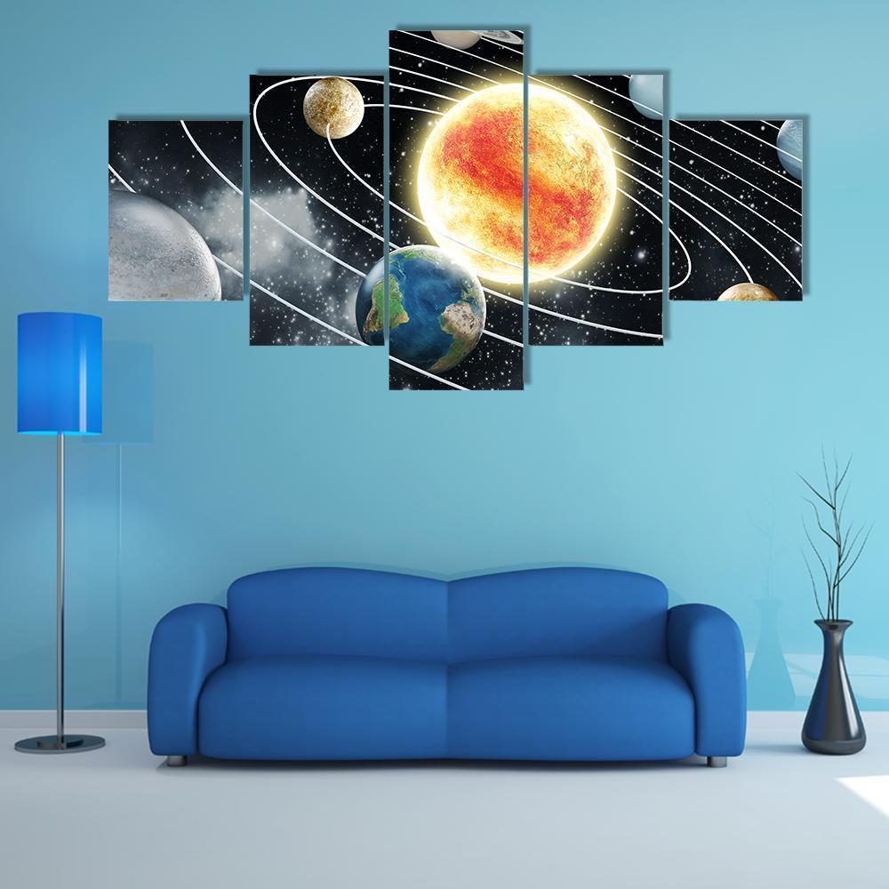 Solar System With Eight Planets Canvas Wall Art-5 Star-Gallery Wrap-62" x 32"-Tiaracle
