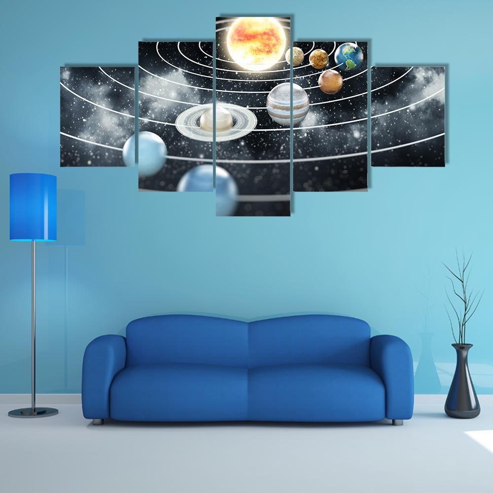 Solar System With Eight Planets Canvas Wall Art-5 Star-Gallery Wrap-62" x 32"-Tiaracle