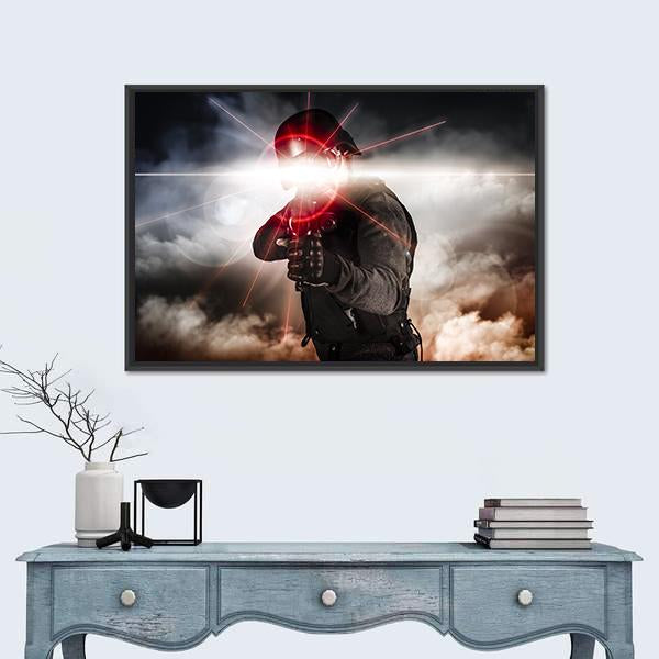 Soldier Aiming Assault Rifle Laser Sight Canvas Wall Art-1 Piece-Floating Frame-24" x 16"-Tiaracle