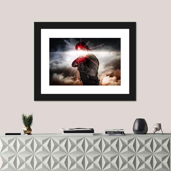 Soldier Aiming Assault Rifle Laser Sight Canvas Wall Art-1 Piece-Framed Print-20" x 16"-Tiaracle