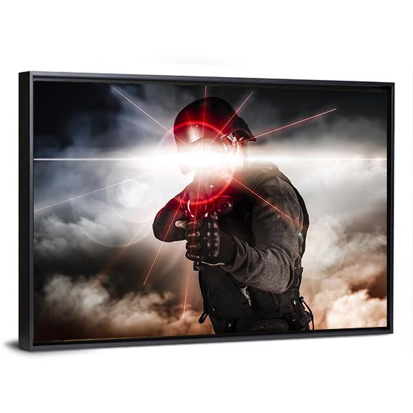 Soldier Aiming Assault Rifle Laser Sight Canvas Wall Art-3 Horizontal-Gallery Wrap-25" x 16"-Tiaracle