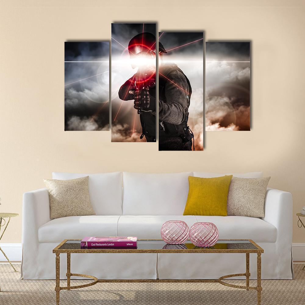 Soldier Aiming Assault Rifle Laser Sight Canvas Wall Art-4 Pop-Gallery Wrap-50" x 32"-Tiaracle