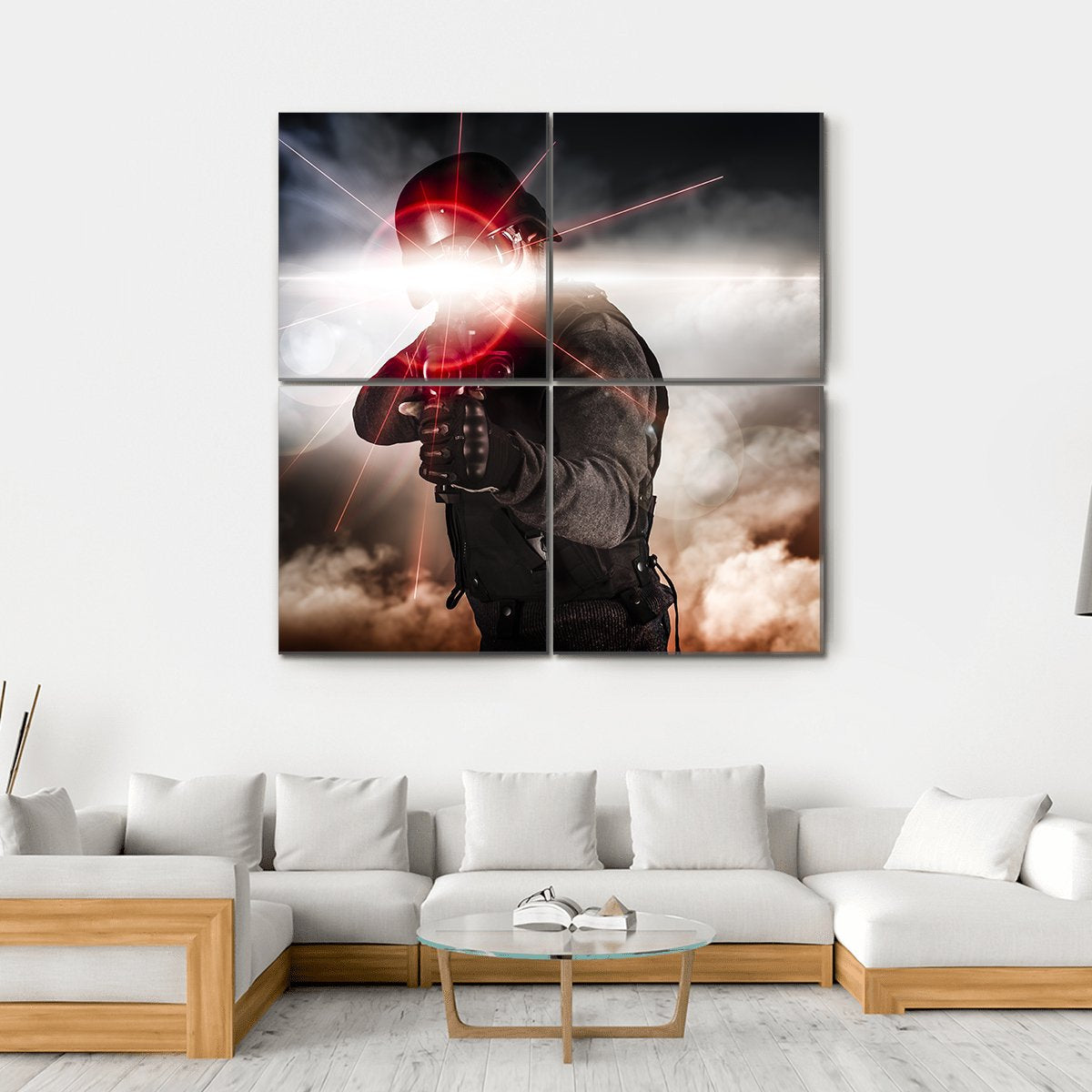 Soldier Aiming Assault Rifle Laser Sight Canvas Wall Art-4 Square-Gallery Wrap-17" x 17"-Tiaracle