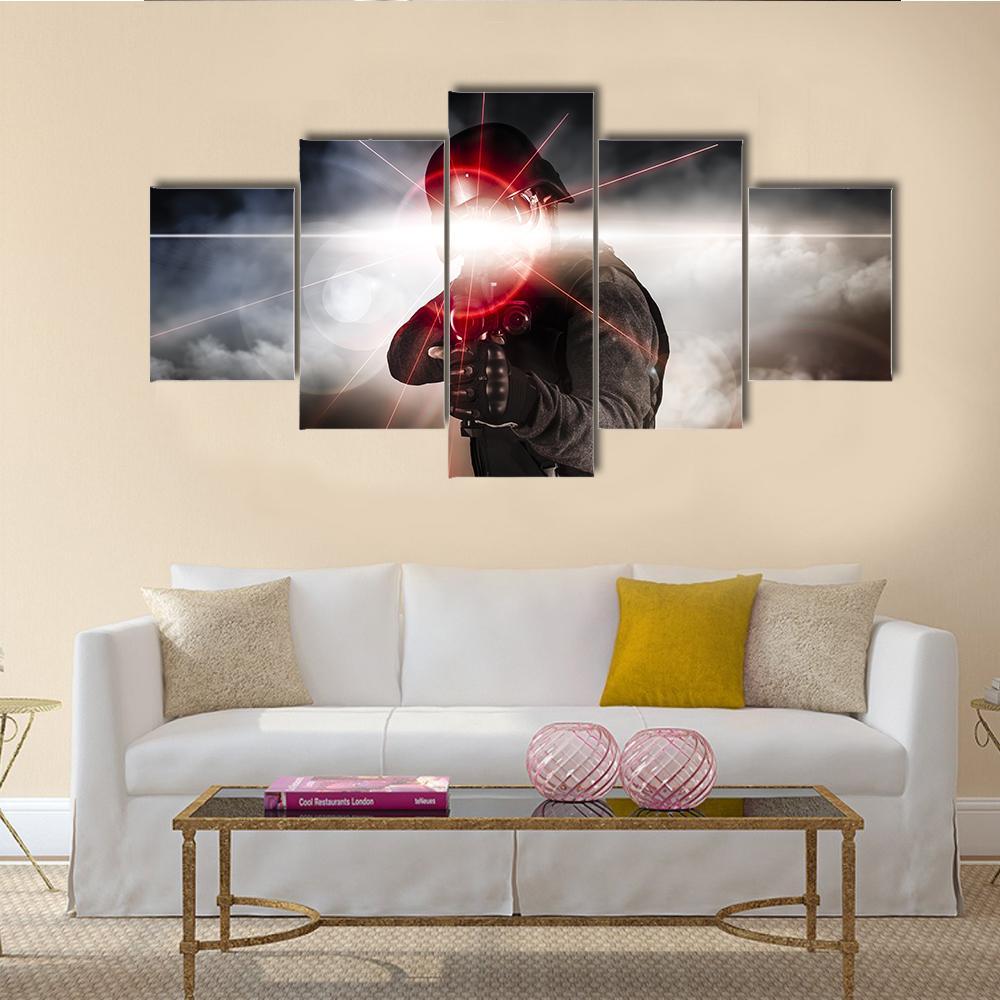Soldier Aiming Assault Rifle Laser Sight Canvas Wall Art-5 Star-Gallery Wrap-62" x 32"-Tiaracle