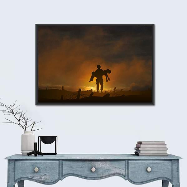 Soldier Carrying a Wounded Comrade Canvas Wall Art in black, brown and orange, framed canvas, product view on a white background