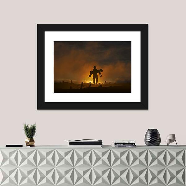 Soldier Carrying A Wounded Comrade Canvas Wall Art-1 Piece-Framed Print-20" x 16"-Tiaracle